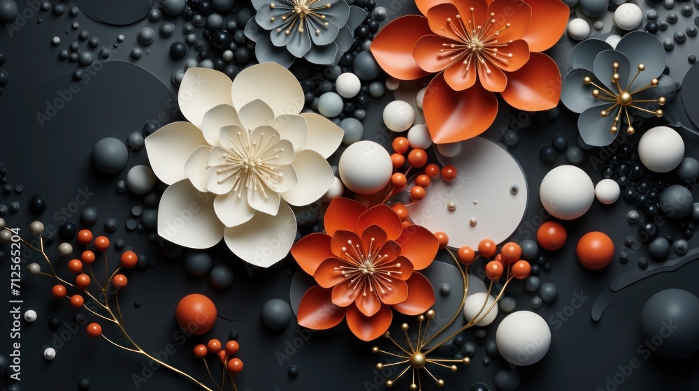 3D flowers and spheres on a dark matte background. Modern and elegant aesthetic. 3D flowers and spheres on a dark matte background. Modern and elegant aesthetic.