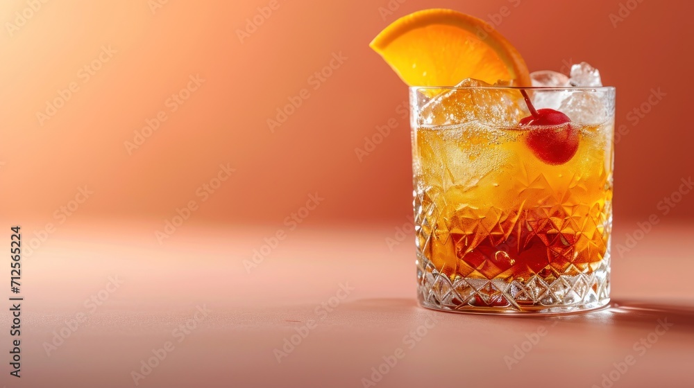 a close up of a drink in a glass with a slice of orange on the rim and a cherry on the rim. a close up of a drink in a glass with a slice of orange on the rim and a cherry on the rim.