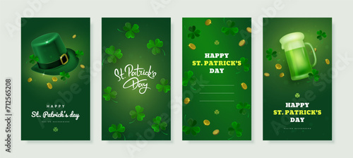 Saint patrick's day celebration social media stories design template with realistic top hat, clover and green beer mug on green background. Vector illustration