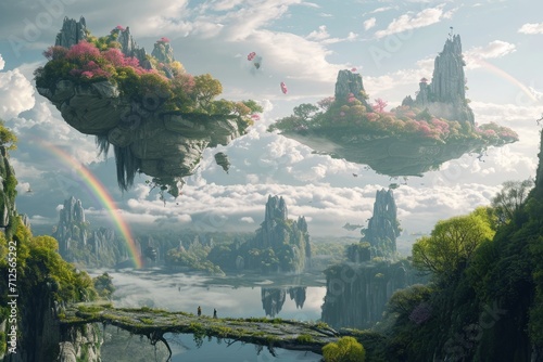 Surreal landscapes featuring floating islands, dreamy clouds, and magical ethereal creatures, a captivating realm blending reality and fantasy in a mesmerizing composition.