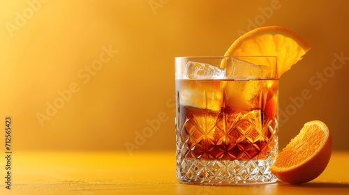  a close up of a drink in a glass with an orange slice on the side of the glass and an orange slice on the side of the glass.