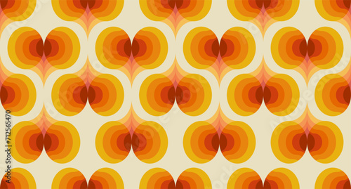 1970 Trippy Psychedelic Hearts Seamless Pattern on Orange, Red Colors. Hand-Drawn Vector Illustration. Seventies Style, Groovy Background, Wallpaper, Print. Flat Design, Hippie Aesthetic.