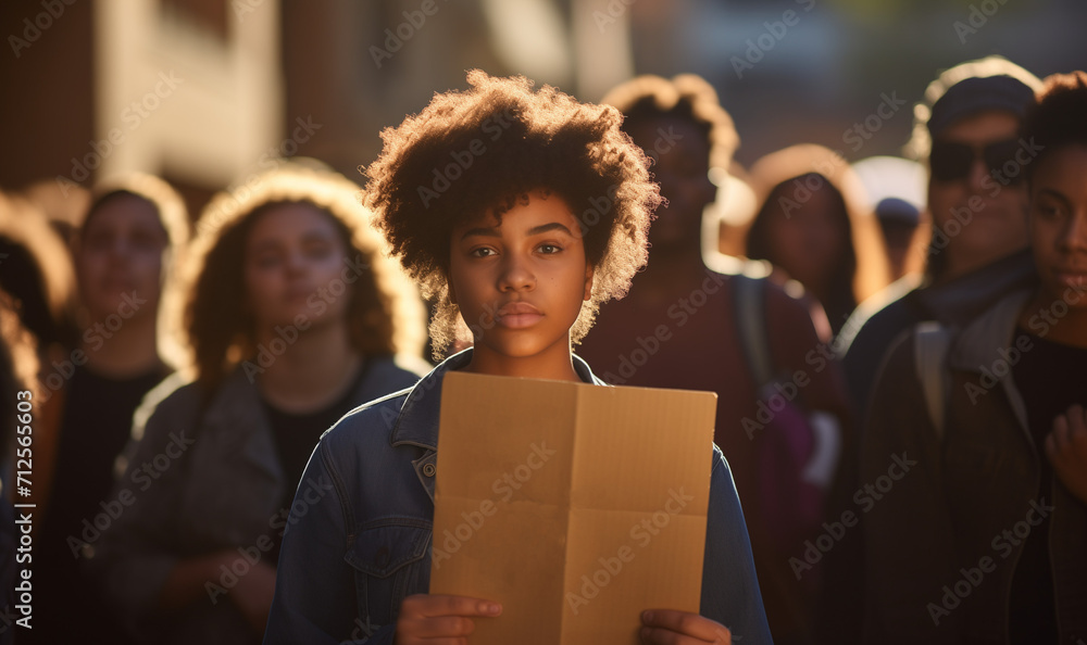 A young black woman holding a blank cardboard protest sign at a protest march evoking a sense of empowerment A young black woman holding a blank cardboard protest sign at a protest march evoking a sense of empowerment