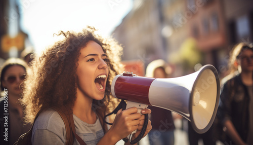 An earnest woman shouting through a megaphone at a protest march evoking a sense of empowerment photo