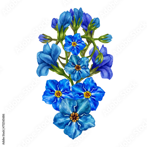 Beautiful watercolor bouquets of blue forget-me-nots, made in the form of vignettes for Easter, wedding bouquets, Mother's Day, Father's Day, Valentine's Day, birthday, spring and summer bouquets