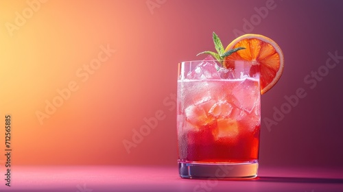  a close up of a drink in a glass with a slice of an orange on the rim of the glass.