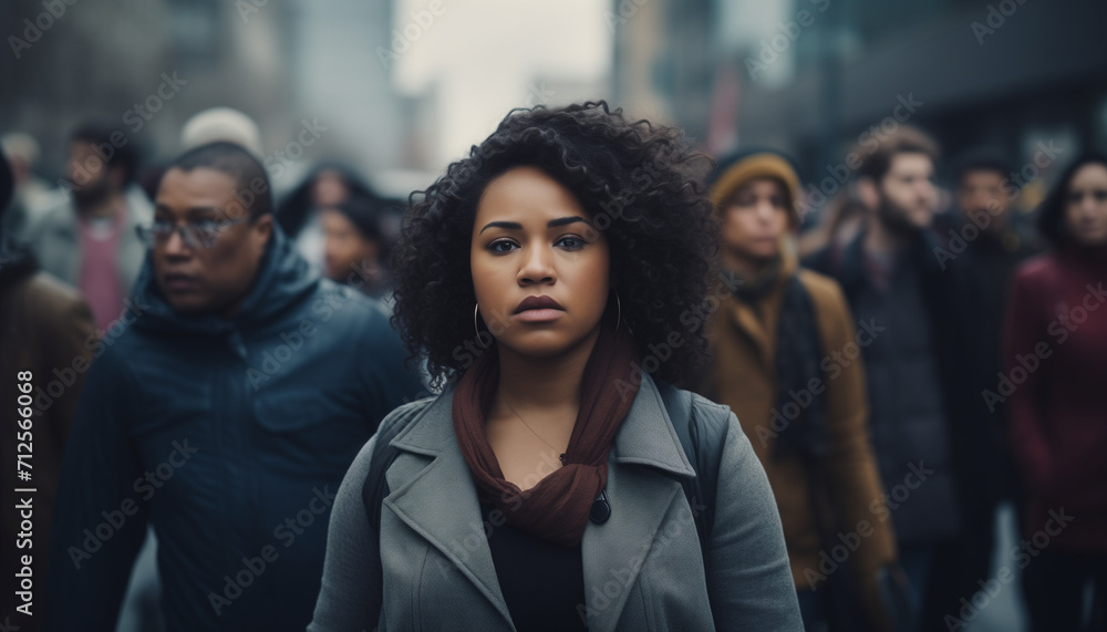 Obraz premium An earnest black woman at a protest march with other people in the background evoking a sense of seriousness