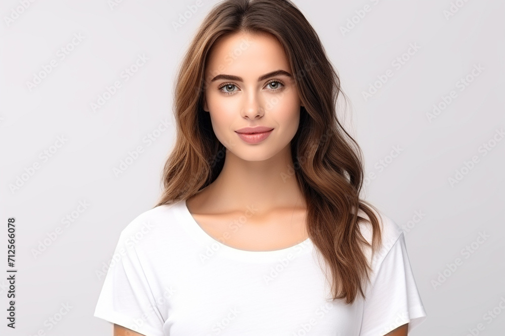 Happy woman with white shirt created with Generative AI Happy woman with white shirt created with Generative AI