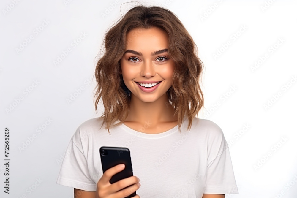 Happy woman with white shirt created with Generative AI Happy woman with white shirt created with Generative AI