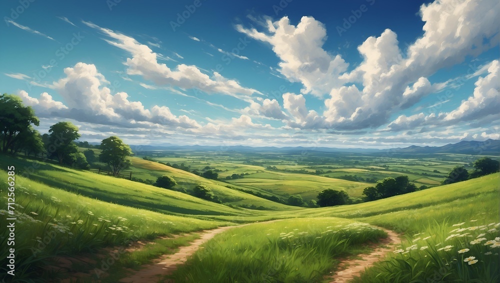 Landscape with green grass and blue sky anime illustration