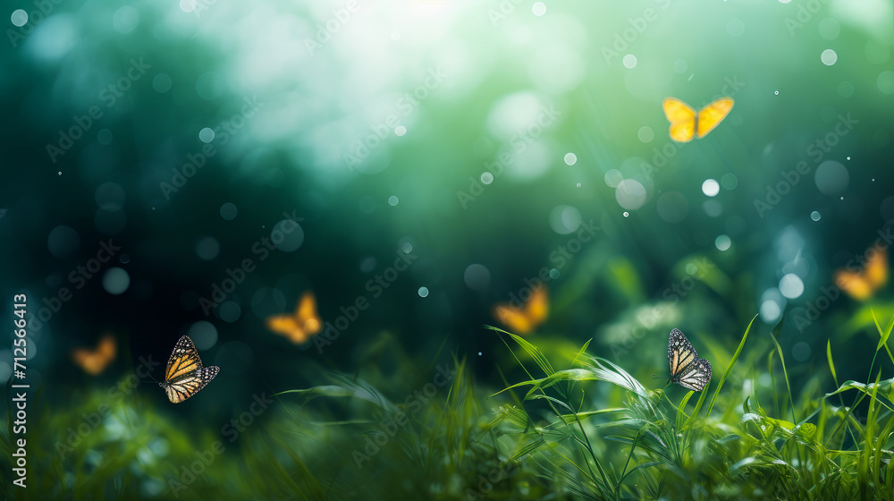 Fototapeta premium Abstract natural spring background with butterflies and green grass light rosy dark meadow flowers closeup with sun rays and light.