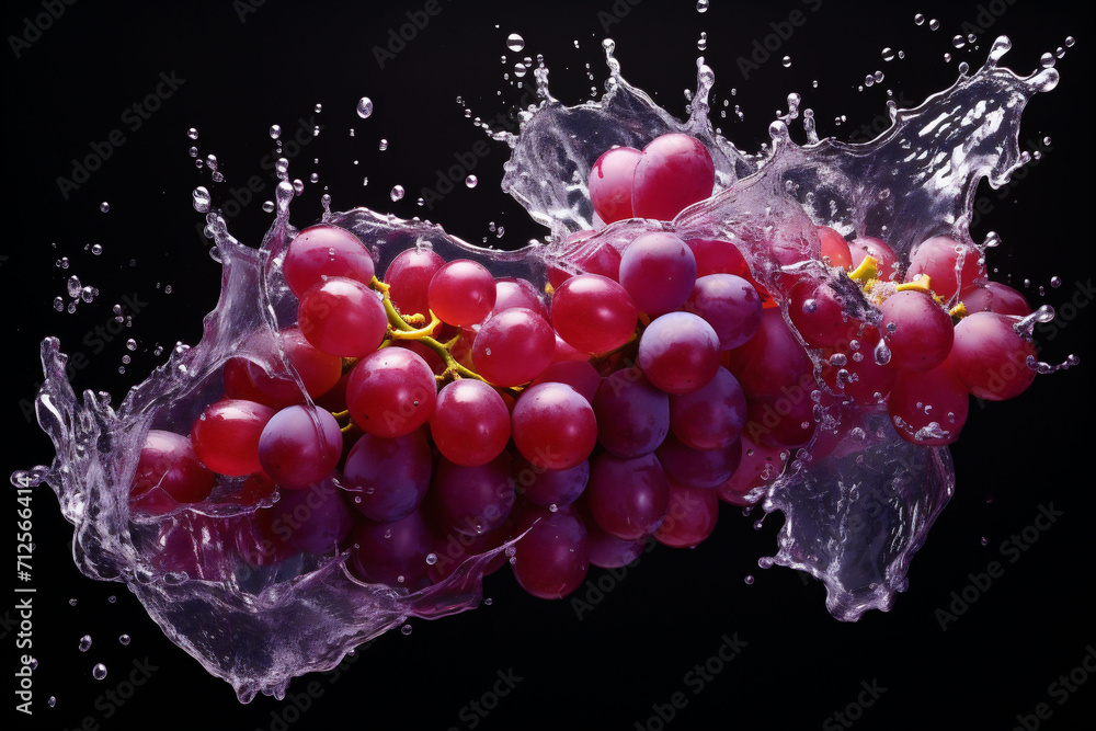 Juicy grapes amidst a vivid splash on black background, ideal for illustrating the natural vitality in culinary arts
