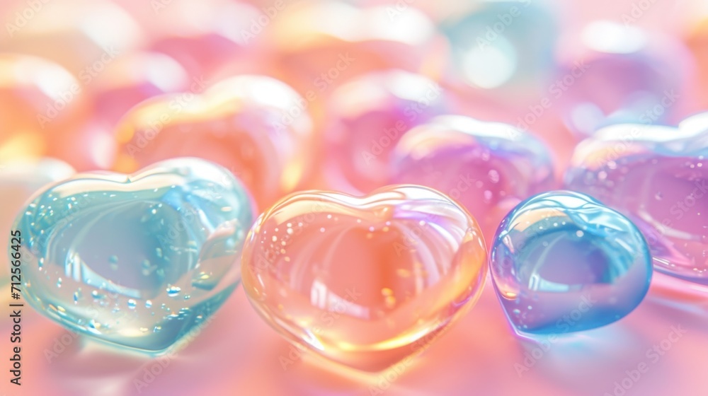  a group of three heart shaped soaps sitting on top of a pink, blue, and yellow tablecloth. - obrazy, fototapety, plakaty 