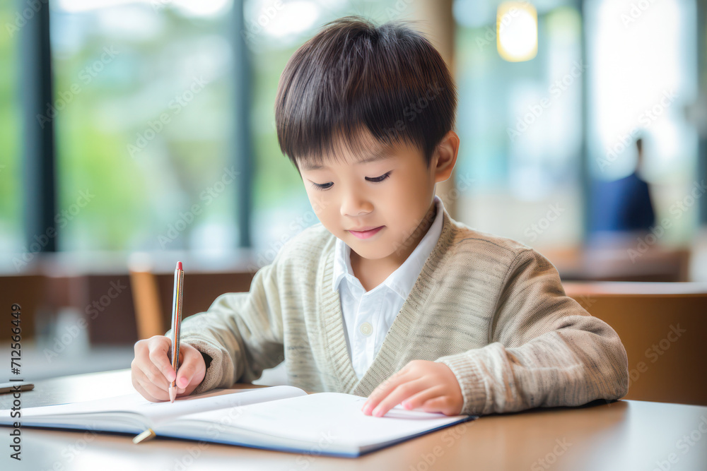 Focused Asian student, A young boy diligently writing in a school textbook, immersed in learning. Focused Asian student, A young boy diligently writing in a school textbook, immersed in learning.