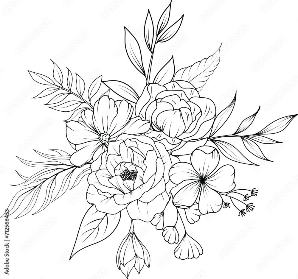 line art wildflower wreath vector illustration. flower bouquet sketch