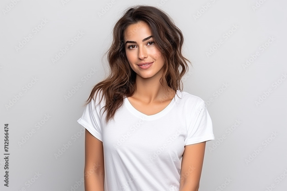 Happy woman with white shirt created with Generative AI Happy woman with white shirt created with Generative AI
