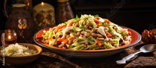 Bulgarian Christmas Dinner: Winter Salad with beans, leeks, and pickled vegetables.