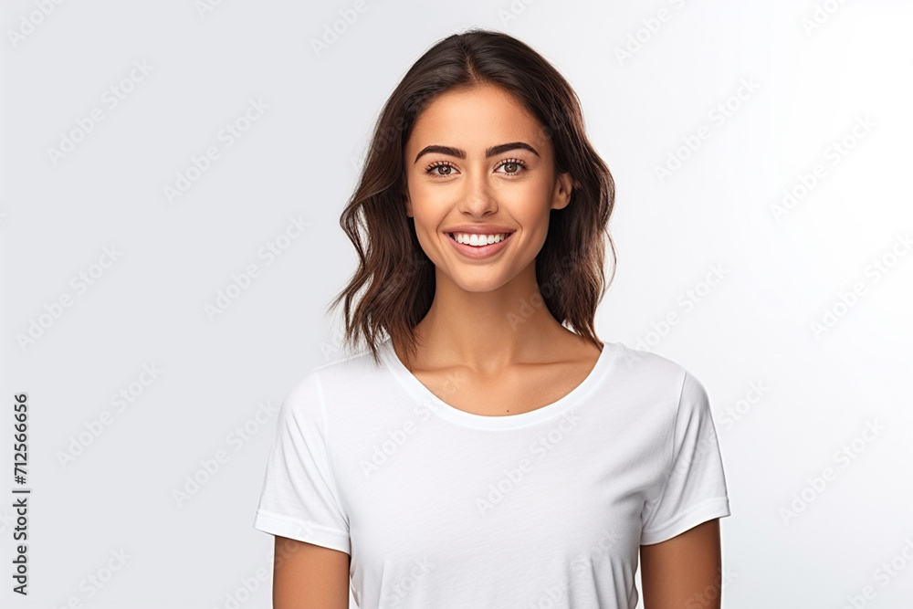 Happy woman with white shirt created with Generative AI Happy woman with white shirt created with Generative AI