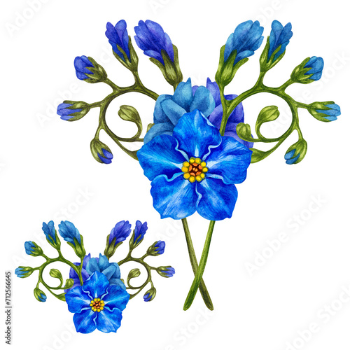 Beautiful watercolor bouquets of blue forget-me-nots, made in the form of vignettes for Easter, wedding bouquets, Mother's Day, Father's Day, Valentine's Day, birthday, spring and summer bouquets