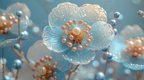  a close up of a bunch of flowers with water droplets on the petals and pearls in the middle of the petals.