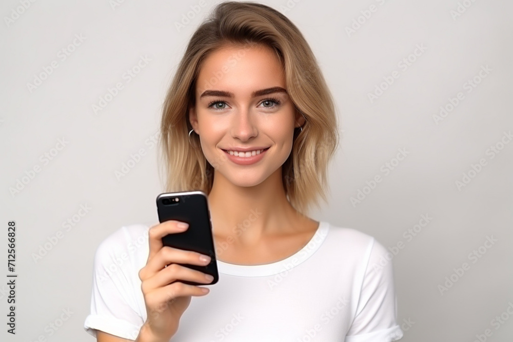 Happy woman with white shirt created with Generative AI Happy woman with white shirt created with Generative AI