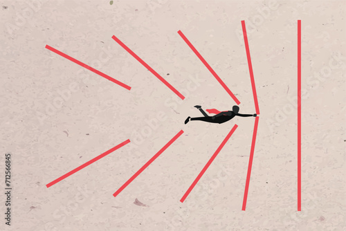 Super businessman breaks the line. concept of employee overcomes obstacle, success and strength
