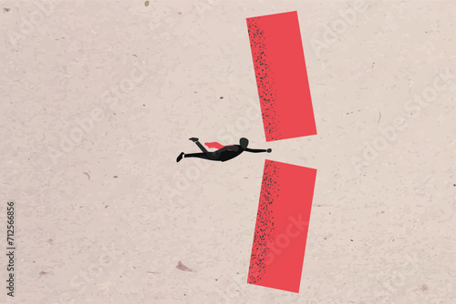 Super businessman breaks the block. concept of employee overcomes obstacle, success and strength