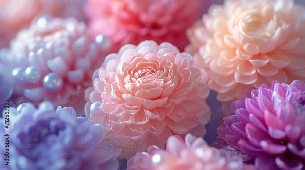 a close up of a bunch of flowers with water droplets on the petals and the petals are pink, purple, and white. a close up of a bunch of flowers with water droplets on the petals and the petals are pink, purple, and white.