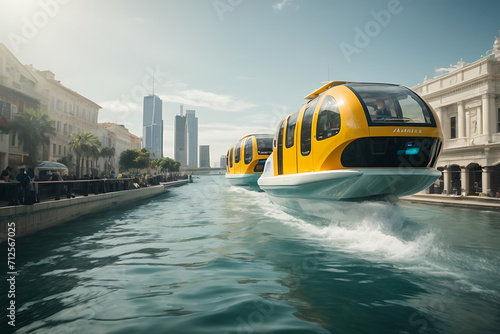 Floating cities with water taxis gliding between them, showcasing a harmonious blend of water-based transportation and futuristic urban planning. photo