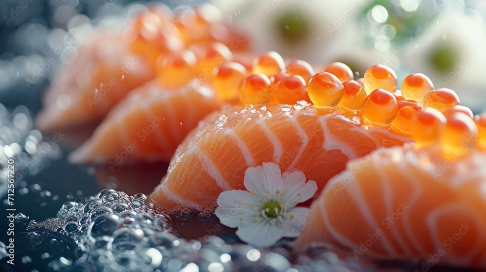 a close up of a bunch of sushi on a table with water droplets on it and a flower in the middle of the picture. a close up of a bunch of sushi on a table with water droplets on it and a flower in the middle of the picture.