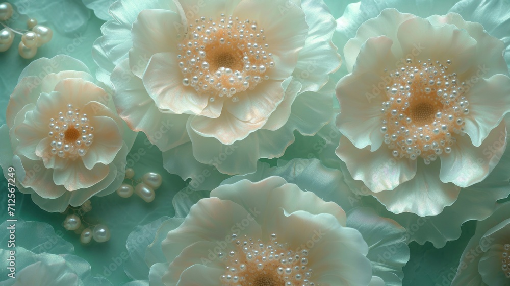 a close up of a bunch of flowers with pearls in the middle of the petals and pearls in the