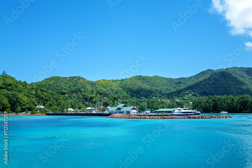 La Digue Ferry Harbor, Island La Digue, Republic of Seychelles, Africa.