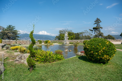 View over fountain in Parque  park  Monte do Castro in central Vigo in Spain