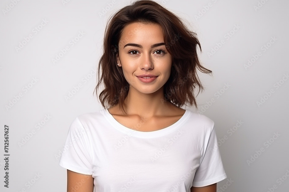 Happy woman with white shirt created with Generative AI Happy woman with white shirt created with Generative AI