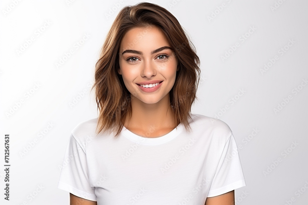 Happy woman with white shirt created with Generative AI Happy woman with white shirt created with Generative AI