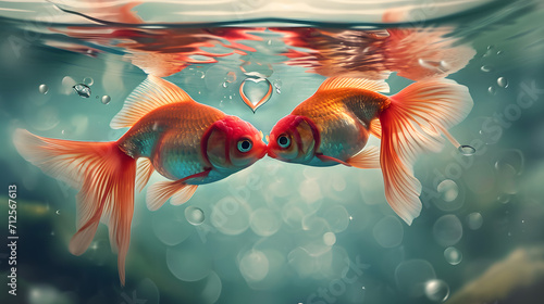 Two vibrant goldfish share a tender underwater kiss, their delicate fins intertwined in a peaceful aquarium filled with water and other mesmerizing fish species like koi and feeder fish photo