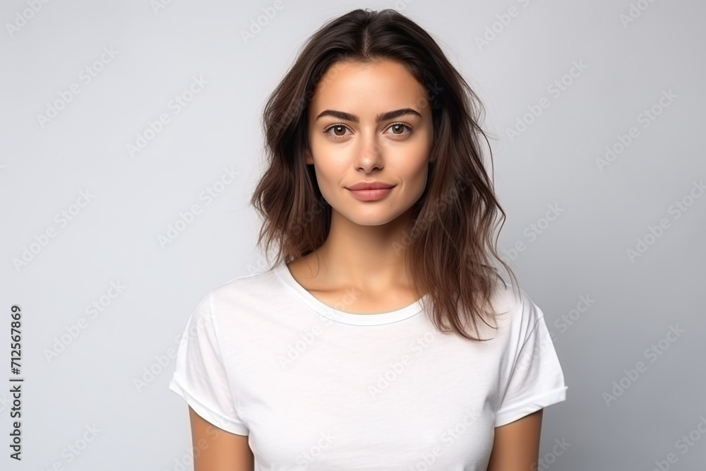 Happy woman with white shirt created with Generative AI Happy woman with white shirt created with Generative AI