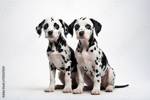 Dos cachorros dálmata, sentados, sobre fondo blanco 