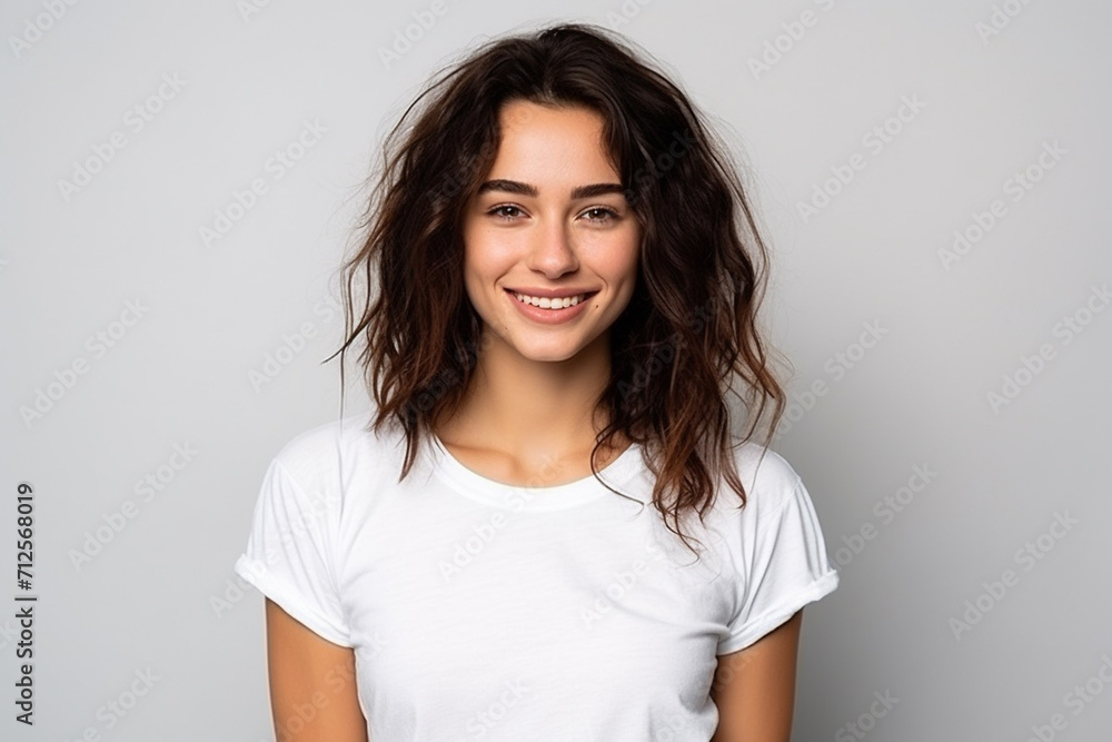 Happy woman with white shirt created with Generative AI Happy woman with white shirt created with Generative AI