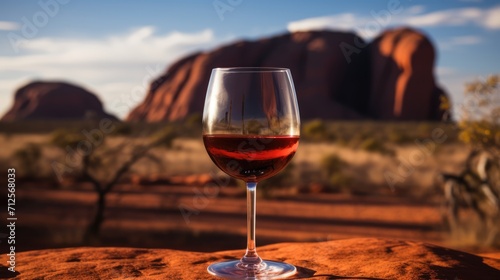 A glass of red wine in the desert. Australian wine concept.