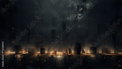 3D illustration of a futuristic city at night with lights and smoke © Rama