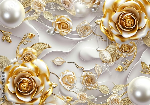 An image with gold rose flowers, pearls and pearls, in the style of hyper-detailed illustrations, 32k uhd, white, asymmetric designs, maranao art, vividly bold designs, white and gold. photo