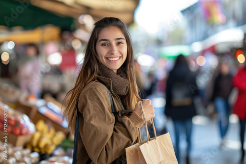 Happy european woman holding a shopping bag on the table on market blur background.