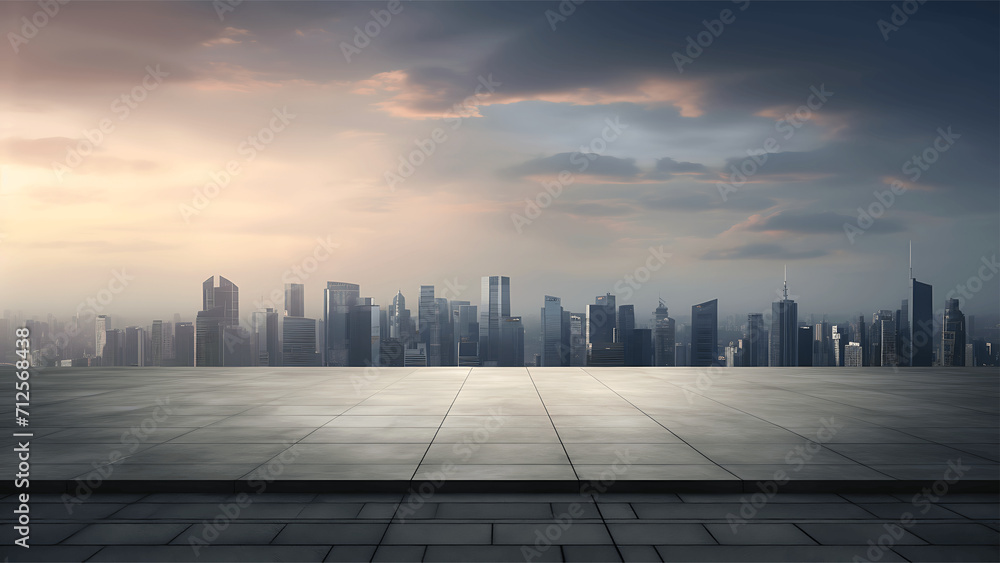 Empty square floor with modern cityscape background. 3D Rendering Empty square floor with modern cityscape background. 3D Rendering