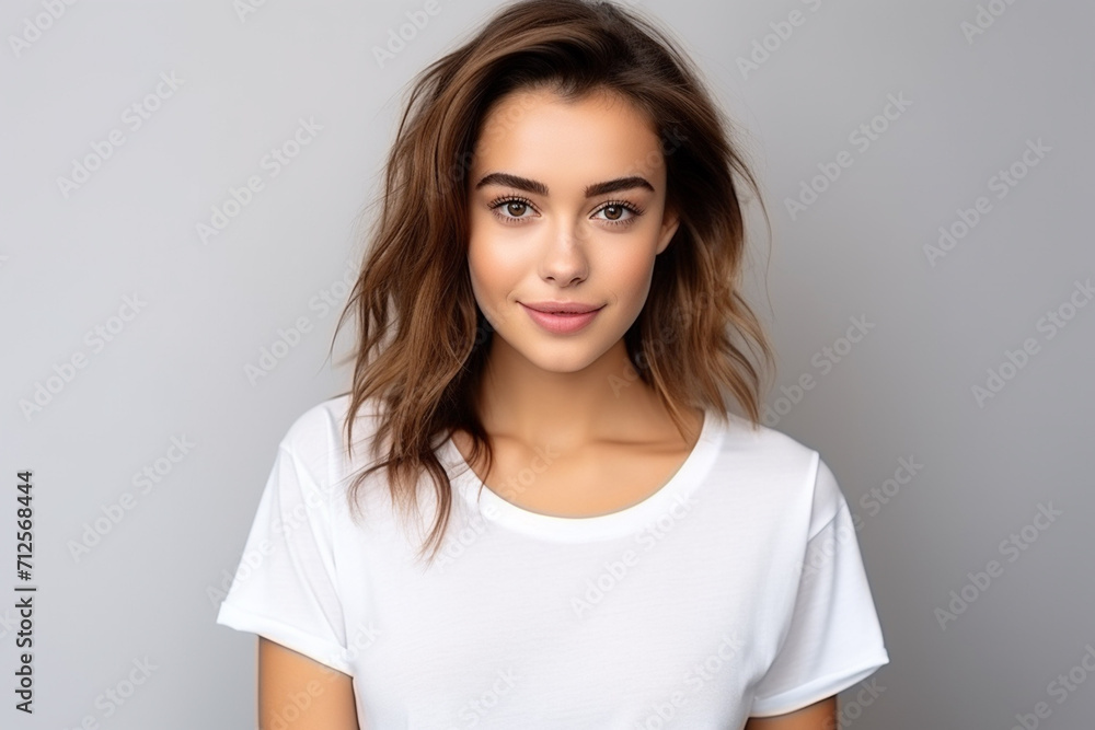 Happy woman with white shirt created with Generative AI Happy woman with white shirt created with Generative AI