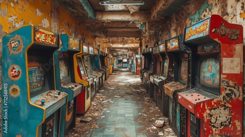 vieilles bornes arcades des années 80 à l'abandon dans un entrepôt désaffecté © jp
