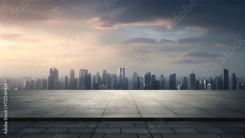 Empty square floor with modern cityscape background. 3D Rendering
