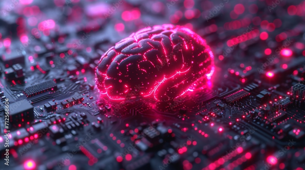 un cerveau rose en pleins travaille collé sur une carte électronique - obrazy, fototapety, plakaty 