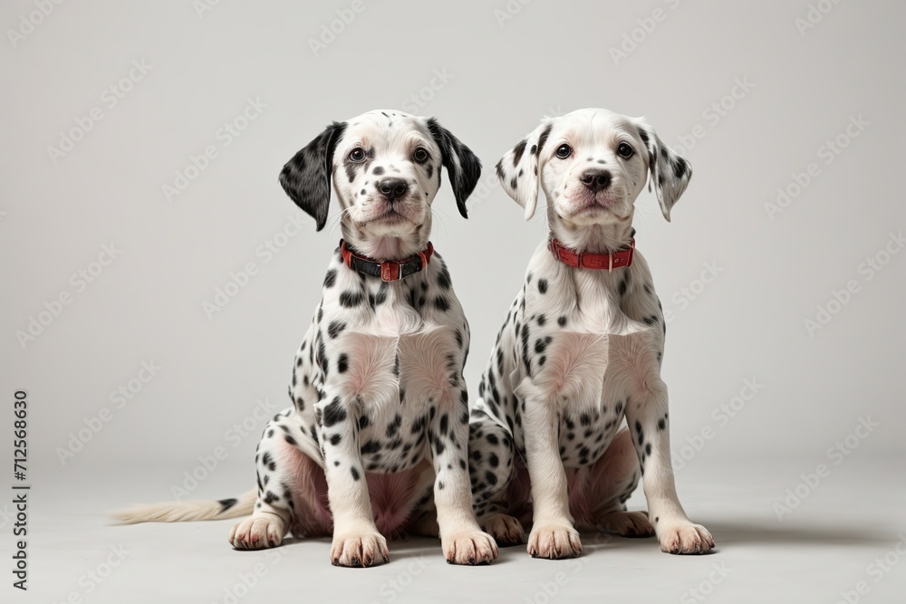 Dos cachorros dálmata, sentados, sobre fondo blanco Dos cachorros dálmata, sentados, sobre fondo blanco