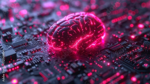 un cerveau rose en pleins travaille collé sur une carte électronique photo